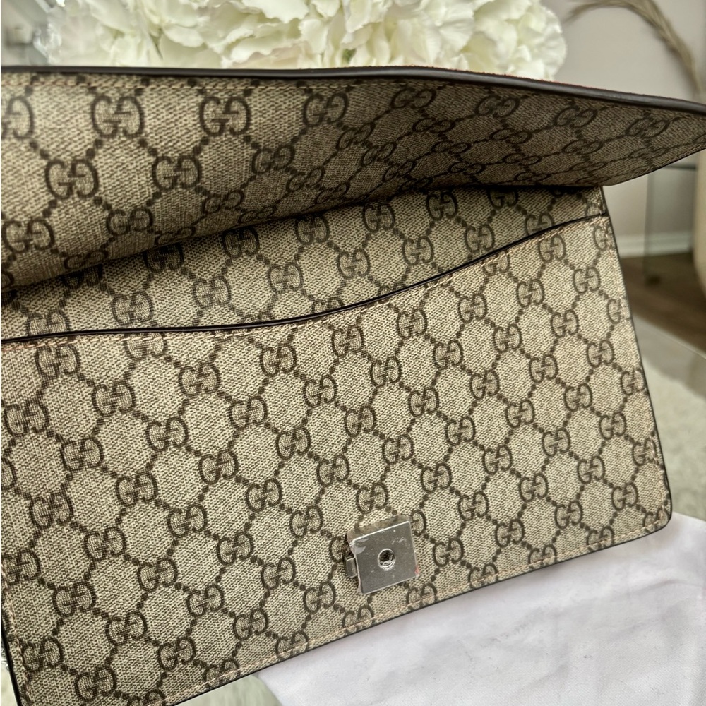 Designer Inspired G G Supreme Shoulder Bag in Brown Monogram with Red Suede - Picture 6 of 14